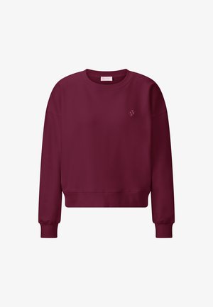 Sudadera burdeos con cuello redondo, puños y dobladillo acanalados. Presenta un pequeño logo tonal en el pecho. Tejido suave, ajuste relajado.