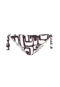 Bikini u dołu w kolorze białym z ciemnofioletowym abstrakcyjnym wzorem geometrycznym, z regulowanymi bocznymi zawiązaniami, gładkim materiałem i umiarkowanym pokryciem.