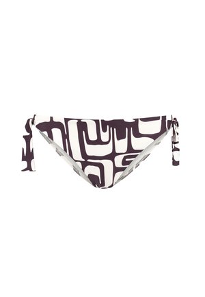 Bikini-Hose in Weiß mit dunkelviolettem, abstraktem geometrischem Muster, verstellbaren Seitenschnüren, glattem Stoff und einem Design mit moderater Abdeckung.