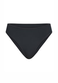 Bas de bikini noir à taille haute avec un tissu lisse et des détails de couture simples sur fond blanc.