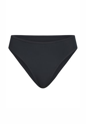 Bas de bikini noir à taille haute avec un tissu lisse et des détails de couture simples sur fond blanc.