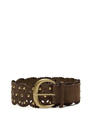 Brown suede belt with scalloped edges, cutout patterns, and brass studs, featuring a large, rounded brass buckle and a belt loop.