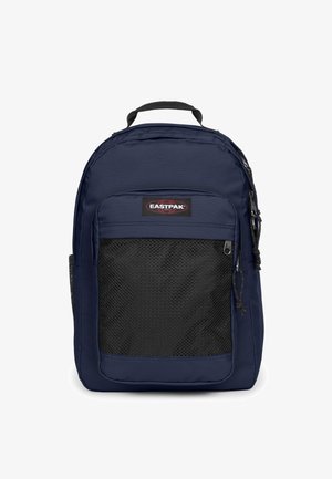 Zaino Eastpak blu navy con una tasca frontale in rete nera e manico superiore, mostrato frontalmente su uno sfondo bianco.