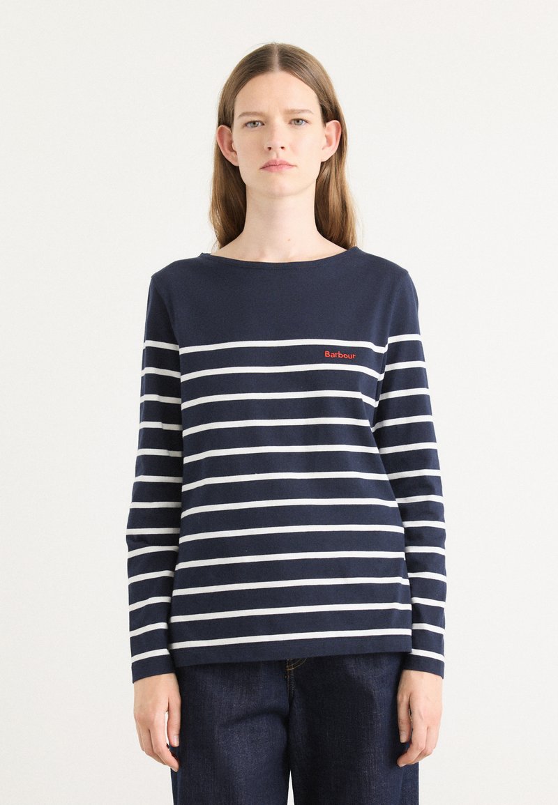 Tumesinine ja valge triibuline pikkade varrukatega särk paari laeva kaelusega, väikese punase "Barbour" logoga rindkere kohal. Pehme puuvillane kangas.
