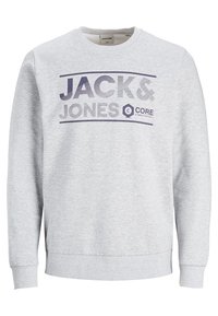 Felpa grigia in cotone misto, con collo a giro. Sul davanti è presente la scritta "JACK & JONES" in viola scuro con effetti testurizzati.