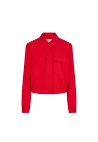 Rode cropped jas van soepel materiaal met een knoopsluiting aan de voorkant, twee borstzakken en elastische details aan de onderkant. Lange mouwen maken het ontwerp compleet.