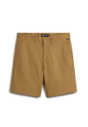 Pantalones cortos para hombre de color caqui marrón con trabillas para cinturón, botón y cremallera delanteros, dos bolsillos laterales y una etiqueta negra de Vans en la cintura y el bolsillo.