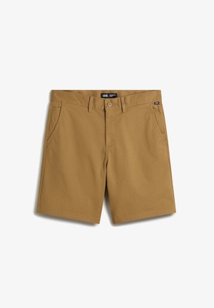 Pantalones cortos para hombre de color caqui marrón con trabillas para cinturón, botón y cremallera delanteros, dos bolsillos laterales y una etiqueta negra de Vans en la cintura y el bolsillo.
