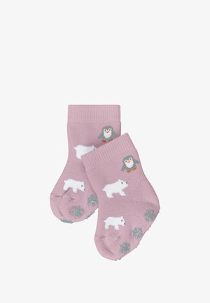 Rosa gestrickte Socken mit Designs von Eisbären und Pinguinen. Enthält strukturierte Schneeflockenmuster an den Sohlen und kontrastierende Farben.