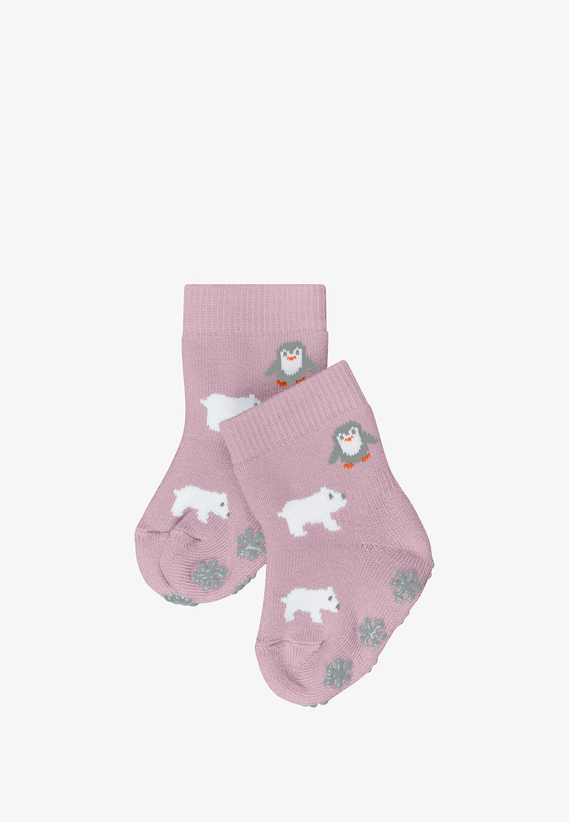 Różowe, dzianinowe skarpetki z wzorami niedźwiedzia polarnego i pingwina. Zawierają teksturowane wzory śnieżynek na podeszwach oraz kontrastujące kolory.