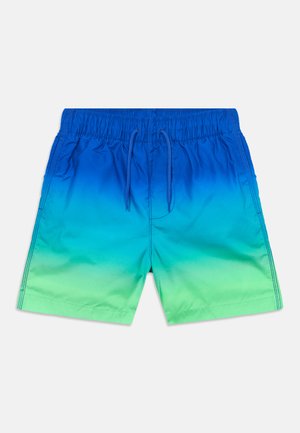 Badehose mit Farbverlauf von Blau zu Grün, elastischem Bund und vorderseitigem Kordelzug, flach liegend auf weißem Hintergrund dargestellt.
