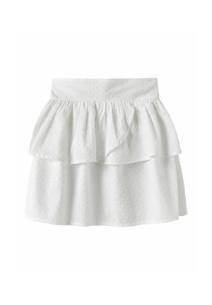 Biela viacvrstvová sukňa s textúrovanou bodkovanou tkaninou a viacvrstvovým volánovým detailom okolo pásu.