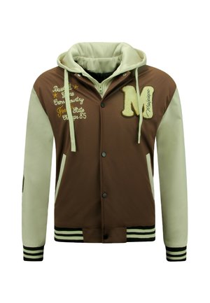 Bruine en beige varsityjas met capuchon, voorste drukknopen, geborduurde tekst, patches en gestreepte geribde boorden en zoom.