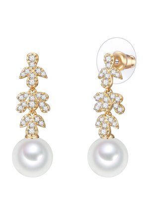 Goldohrringe mit floralem Design, verziert mit kleinen Diamanten, die zu großen, glatten weißen Perlen am Ende führen. Mit sicherem Druckverschluss.