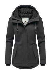 Naisilta tummanharmaa huppupitkä talvitakki, jossa on etuvetoketju, napit, kiristettävä huppu, kaksi läppätaskua ja vuorattu sisävuori.