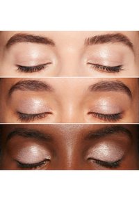 Tre nærbilder av lukkede øyne med ulike hudtoner, med myk, skimrende øyenskygge i lyserosa nyanser og velstelte bryn.