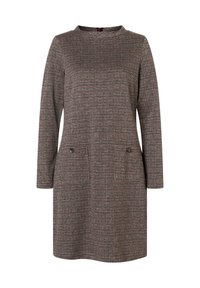 Long-sleeve dress in a textured brown and gray check pattern, featuring a high neckline and two front pockets with buttons.