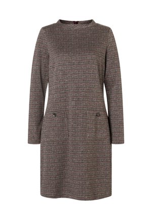 Long-sleeve dress in a textured brown and gray check pattern, featuring a high neckline and two front pockets with buttons.