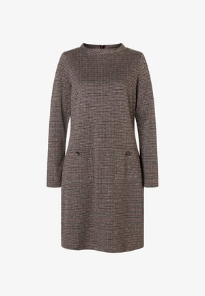 Langärmliges Kleid in einem strukturierten braun-grauen Karomuster, mit einem hohen Ausschnitt und zwei vorderen Taschen mit Knöpfen.