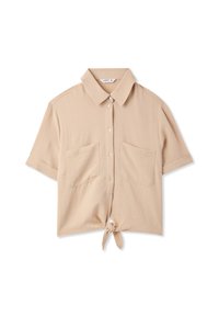 Camicetta beige a maniche corte con colletto, due tasche sul petto e orlo frontale annodato. Realizzata in un tessuto leggero e strutturato. Design con bottoni.