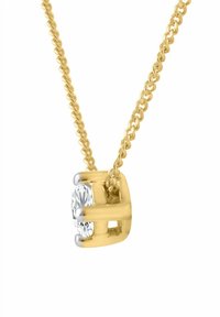 Zlatý náhrdelník s okrúhlym priehľadným diamantovým príveskom zasadeným v rámiku zo žltého zlata so striebornými prvkami, predstavujúci moderný dizajn.
