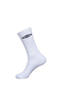 Chaussette en coton blanc avec un design côtelé, ornée d'un détail de logo noir au niveau de la cheville. Texture lisse, longueur mi-mollet.