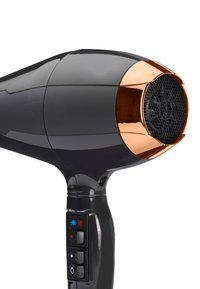 Sèche-cheveux noir avec un accent en or rose métallique. Il présente une surface texturée, des boutons de commande et une grille en maille à l'avant.