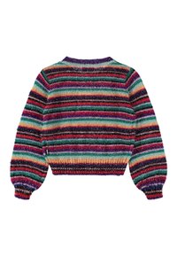 Višebojni prugasti džemper s okruglim izrezom, izrađen od mekanog, puhastog materijala, s dugim rukavima i skraćenim dizajnom. Naglašeni detalji s daškom sjaja.