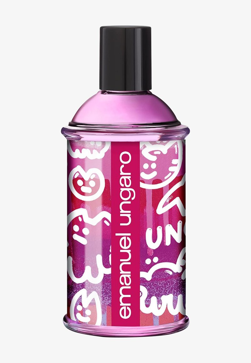 Flacon de parfum vaporisateur avec bouchon noir, dégradé rose-violet, chats dessinés en blanc, et étiquette verticale "emanuel ungaro".