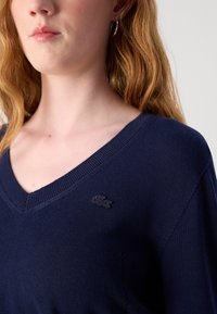 Maglione lavorato a maglia blu navy con scollo a V, caratterizzato da un sottile logo nero sul petto e dettagli di cucitura fine lungo le maniche.