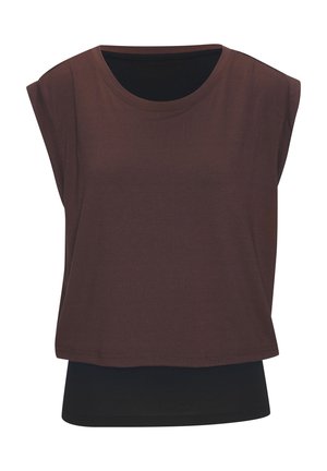 Ärmelloses, mehrlagiges Top mit lockerem braunem Oberlayer und enganliegendem schwarzem Unterlayer, Rundhalsausschnitt und geradem Saum.