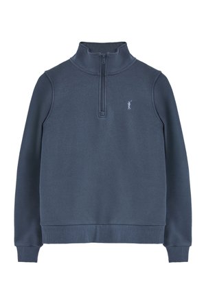 Pullover blu navy con zip a quarto, maniche lunghe, polsini e orlo a coste, e piccolo logo ricamato di un golfista sul lato sinistro del petto.