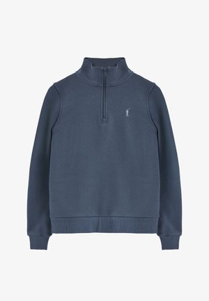 Pullover blu navy con zip a quarto, maniche lunghe, polsini e orlo a coste, e piccolo logo ricamato di un golfista sul lato sinistro del petto.