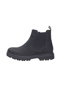 Stivaletto alla caviglia in suede blu scuro con pannelli laterali elasticizzati, suola testurizzata e linguetta. Presenta una punta arrotondata e cuciture a contrasto.