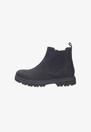 Bottine en suede bleu foncé avec panneaux latéraux élastiques, une semelle texturée et une languette. Présente un bout rond et des coutures contrastantes.