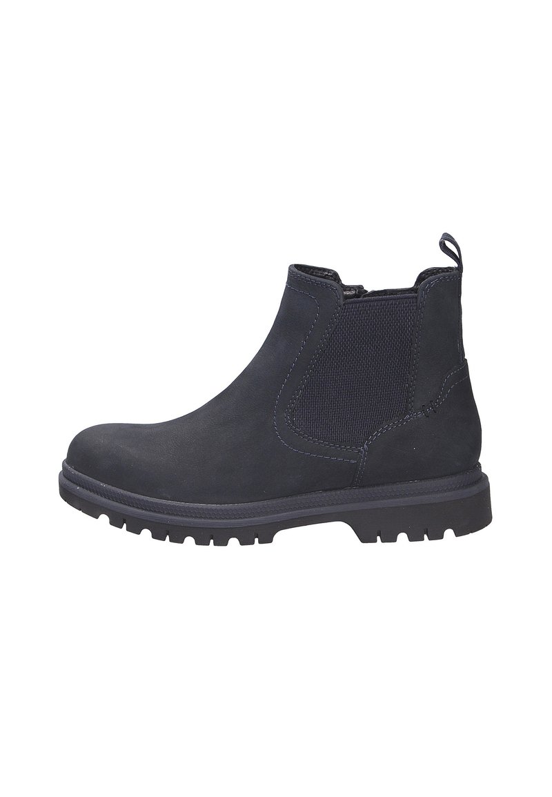 Stivaletto alla caviglia in suede blu scuro con pannelli laterali elasticizzati, suola testurizzata e linguetta. Presenta una punta arrotondata e cuciture a contrasto.