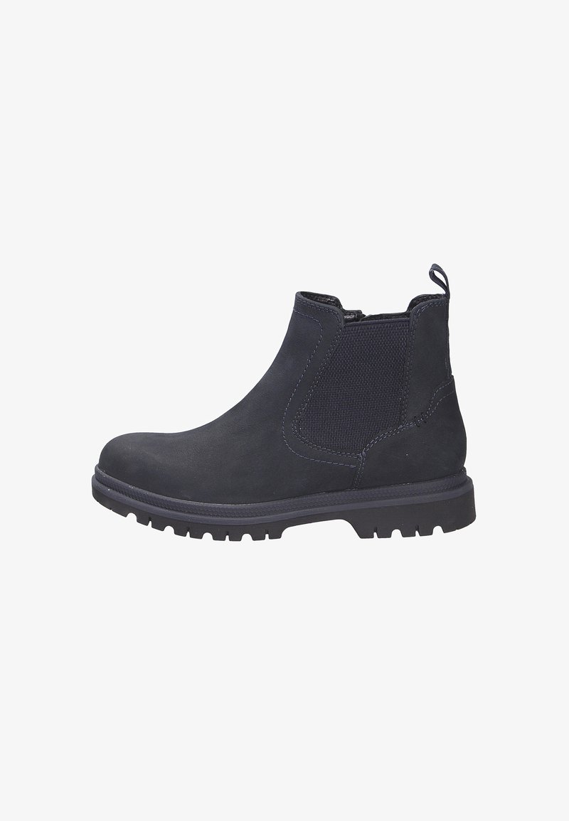 Stivaletto alla caviglia in suede blu scuro con pannelli laterali elasticizzati, suola testurizzata e linguetta. Presenta una punta arrotondata e cuciture a contrasto.