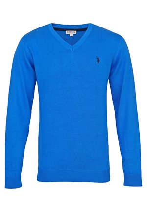 Jasnoniebieski sweter z długim rękawem i dekoltem w serek, logo U.S. Polo Assn. na lewej piersi, ściągacze na rękawach i u dołu, rozmiar duży.