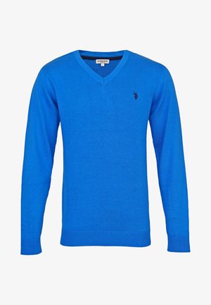 Hellblauer, langärmliger Pullover mit V-Ausschnitt, U.S. Polo Assn. Logo auf der linken Brust, gerippte Bündchen und Saum, Größe groß.