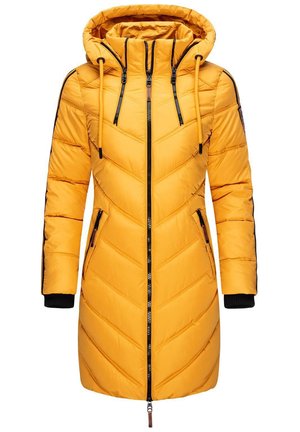 Yellow padded parka with a chevron design, featuring a hood, black accents, side pockets, and a zip front with drawstring detail.