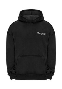Black hoodie made of soft, textured fabric. Features a front pocket and a logo that reads "Dropsize" in a contrasting white font.