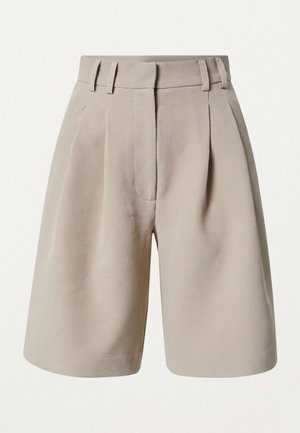 Beige, hoch taillierte, maßgeschneiderte Shorts mit Gürtelschlaufen, vorderen Abnähern und verdecktem vorderem Verschluss.