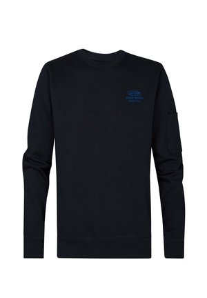 Felpa nera con maniche lunghe, collo rotondo e tasca a toppa sul braccio sinistro. Presenta un testo stampato blu sul petto.