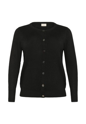 Black cardigan made of a shiny fabric, featuring a round neckline, long sleeves, and seven buttons down the front. Distinct ribbed hem.