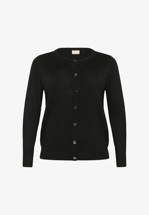 Cardigan noir en tissu brillant, avec un col rond, des manches longues et sept boutons sur le devant. Ourlet côtelé distinct.