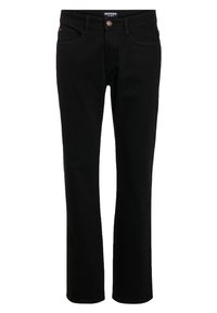 Schwarze Denim-Jeans mit geradem Schnitt, ausgestattet mit zwei vorderen Taschen, einem einfachen Knopfverschluss und dezenten Steppnähten.