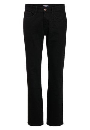 Jeans in denim nero con taglio dritto, dotati di due tasche anteriori, chiusura con un singolo bottone e sottili dettagli di cucitura.