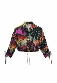 Gekort button-up shirt met een multikleurige tropische print, voorzien van lange mouwen, trekkoordaccenten en een lichtgewicht stof.