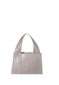 Borsa in eco-pelle grigia con una texture a motivo coccodrillo, dotata di due manici robusti e design a aperture ampia.