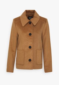 Brun uldblandingsjakke med stort krave, sorte knapper og to forlommer. Glat tekstur, tætsiddende design og minimalistisk stil.